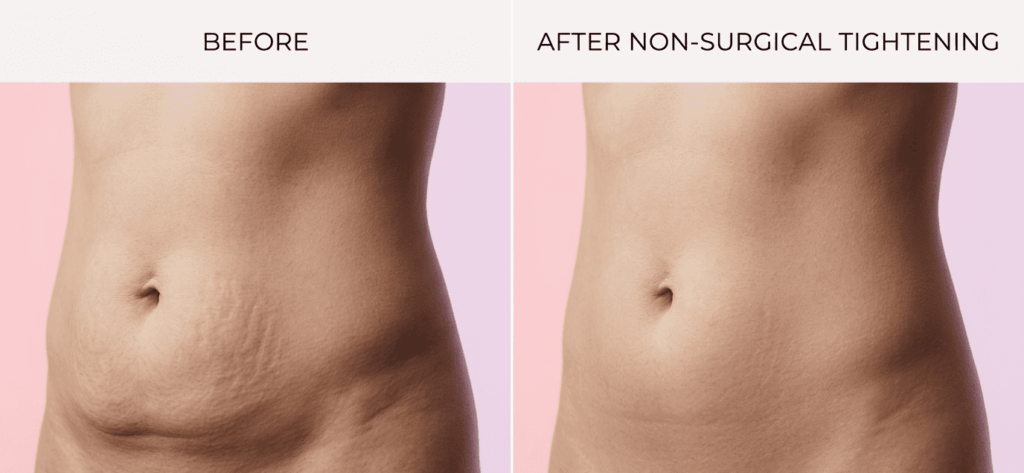 before-and-after comparison image showing non-surgical postpartum abdominal skin tightening for a 30 year-old woman from Troy, MI